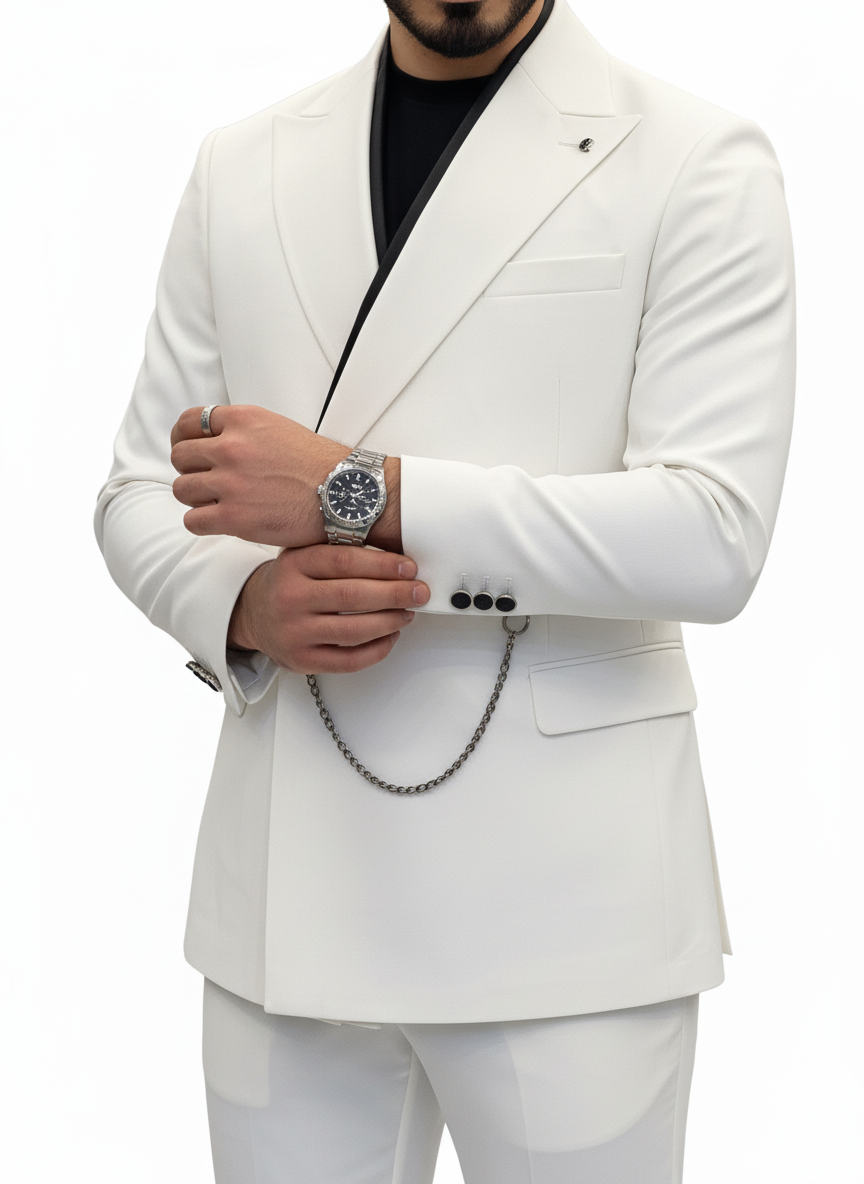 White Double-Breasted Suit with Black Stripe Detail