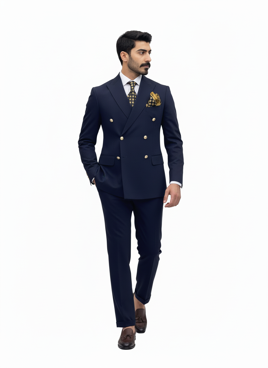 Navy Double-Breasted Suit with Gold Buttons