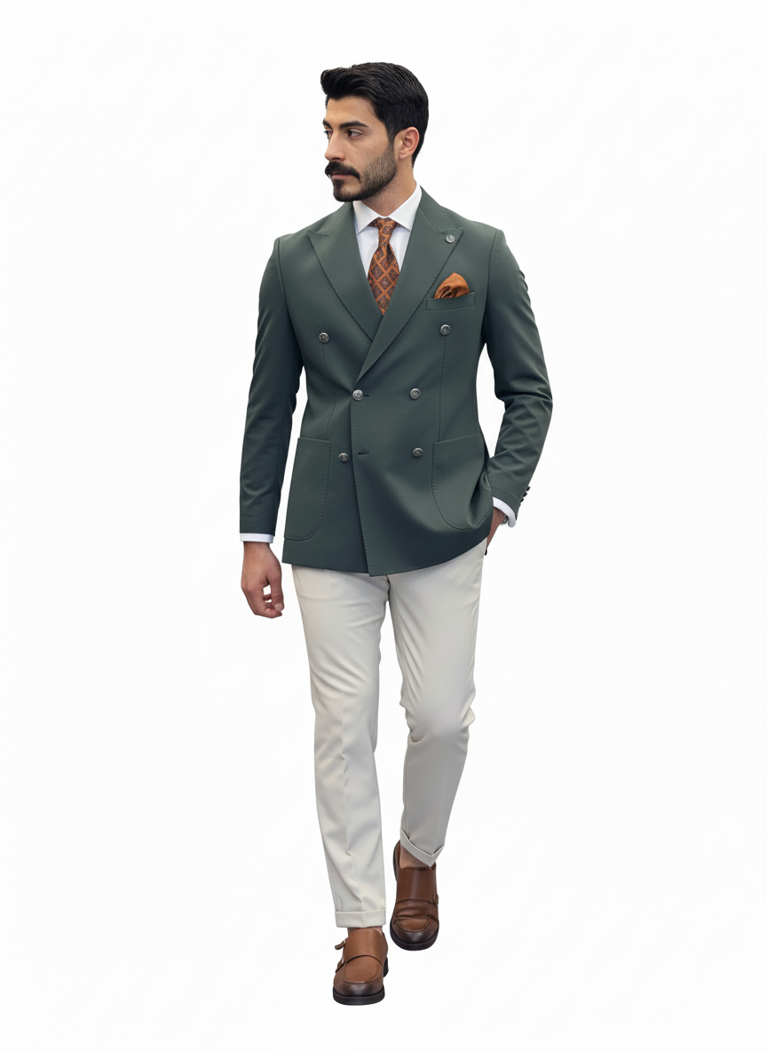 Sage Green & White Double-Breasted Combination Suit