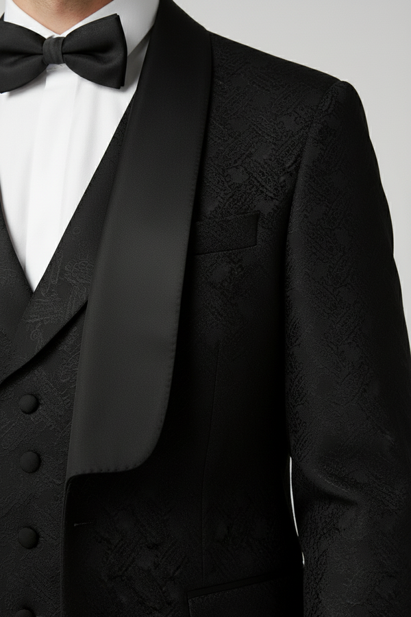 Black Jacquard Tuxedo with Satin Shawl Lapel