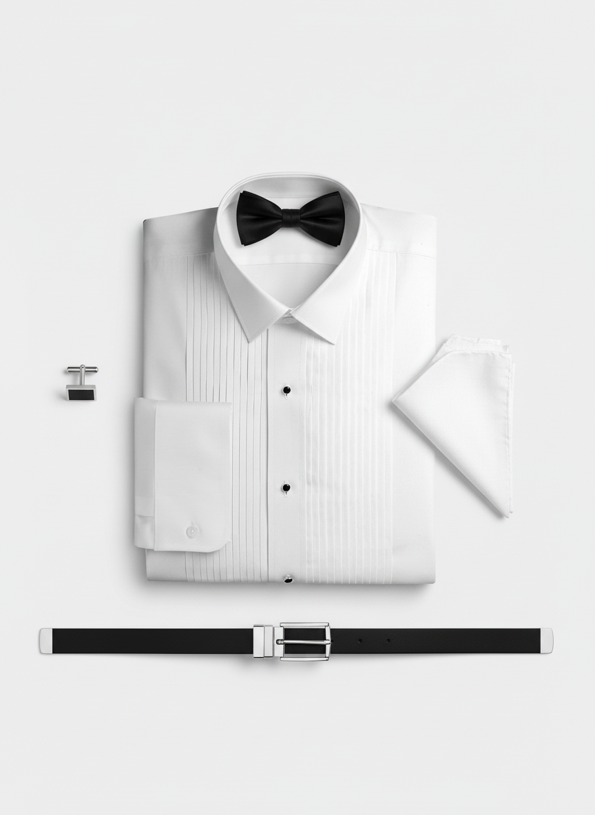White Pleated Tuxedo Shirt with Studs