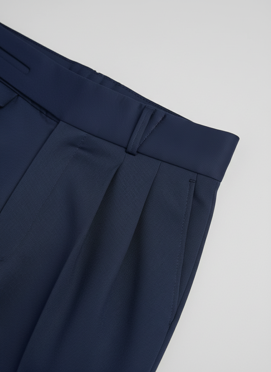 Navy Pleated Trousers with Side Tabs