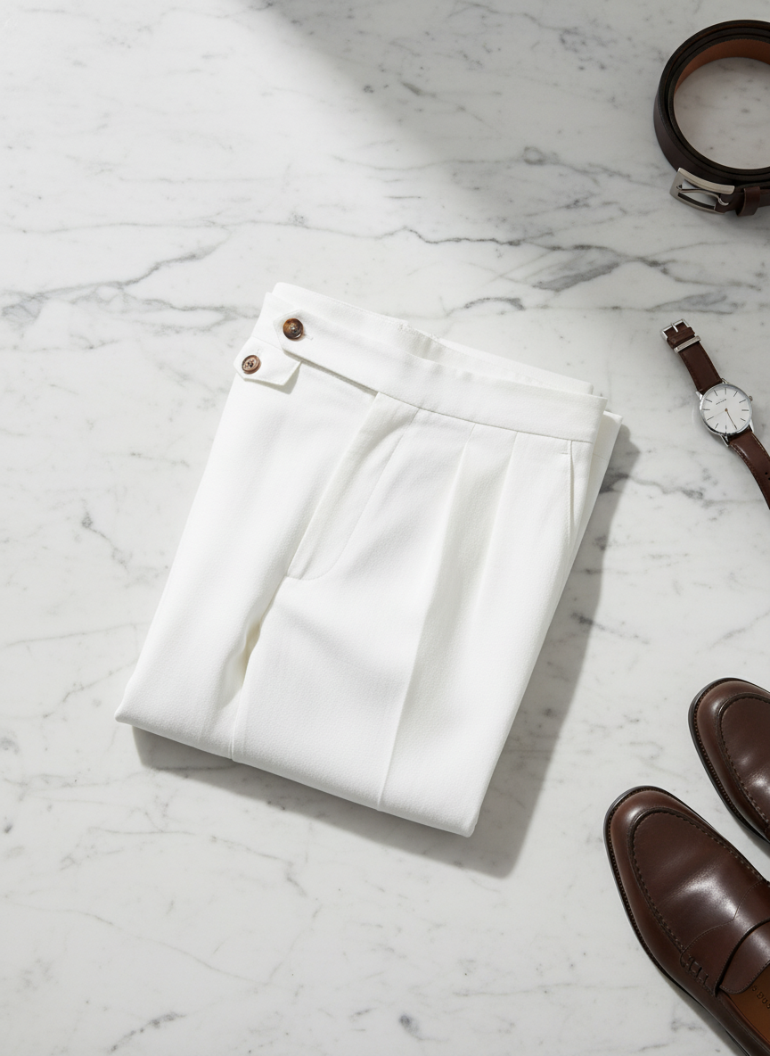 White Pleated Trousers with Side Tab