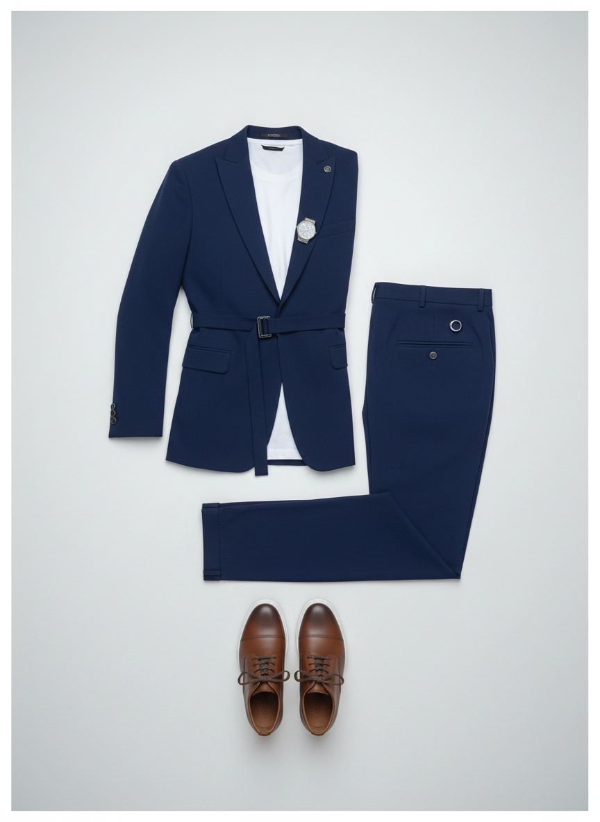 Navy Belted Modern Suit
