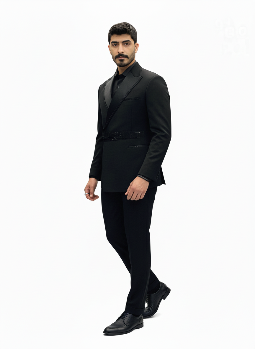 Black Embellished Tuxedo Suit