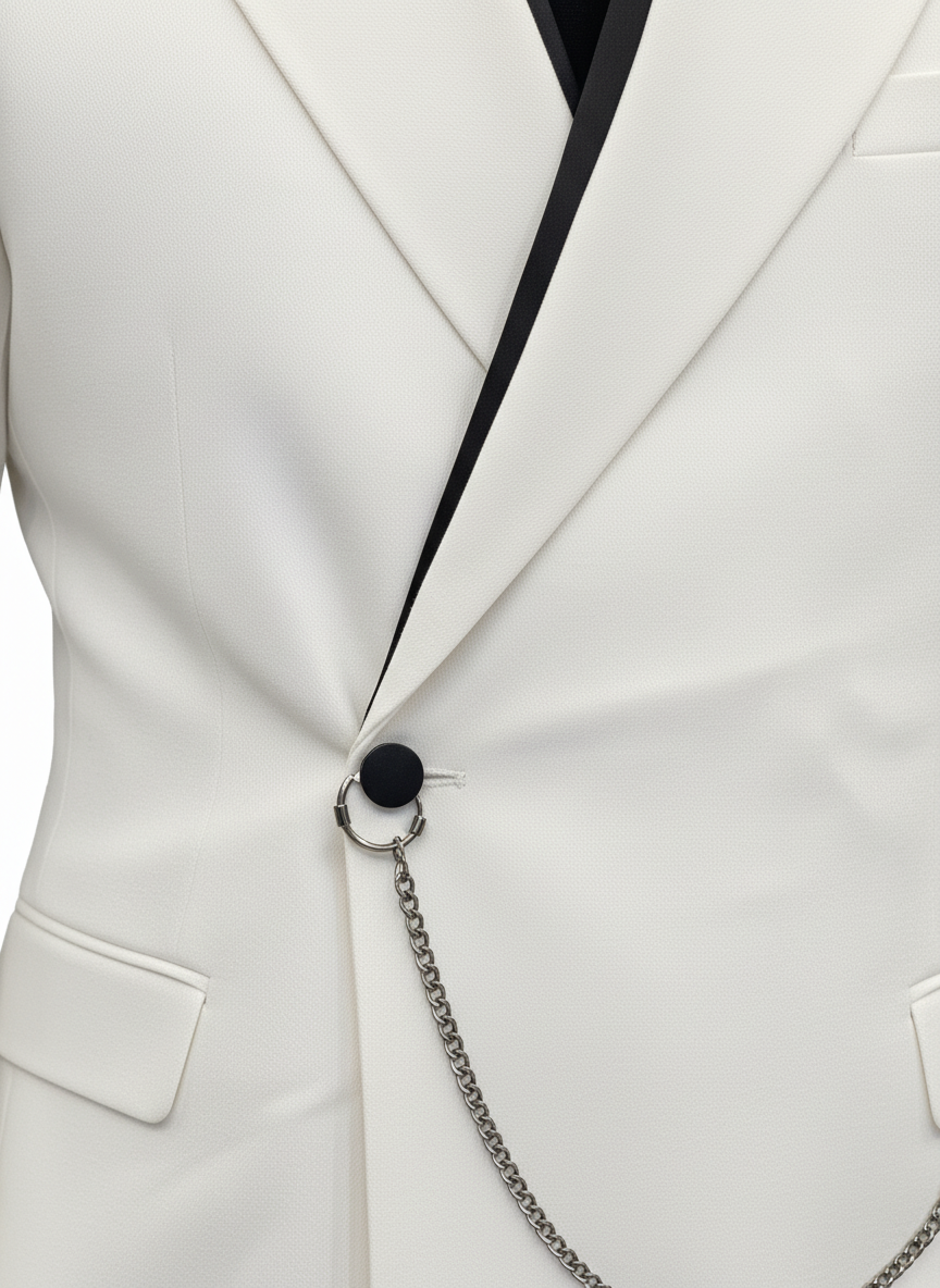 White Double-Breasted Suit with Black Stripe Detail
