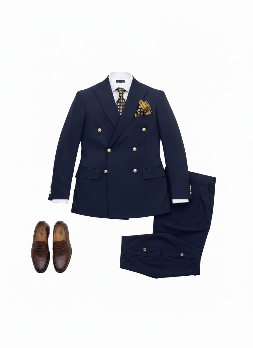 Navy Double-Breasted Suit with Gold Buttons