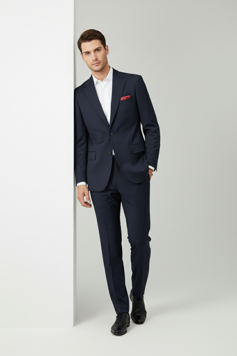 Navy Blue Tailored Suit with Red Paisley Lining