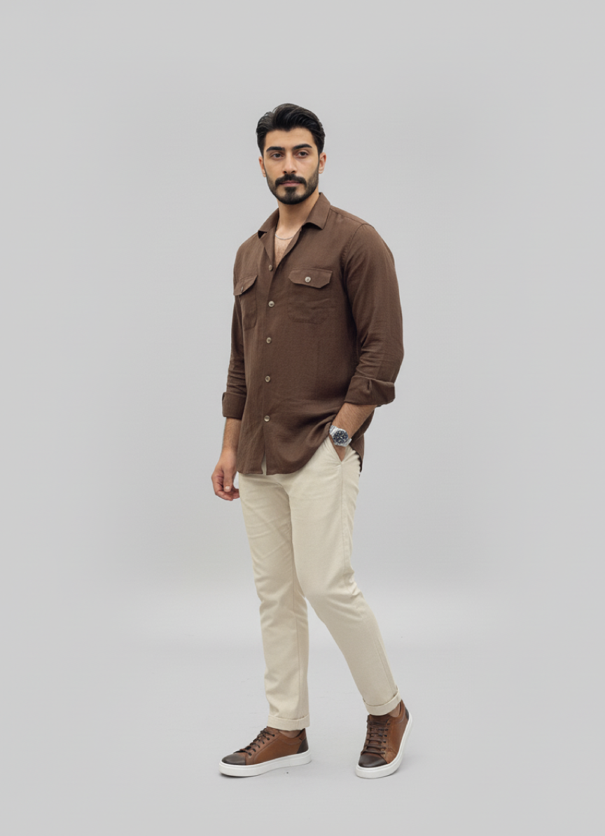 Brown Linen Button-Up Shirt