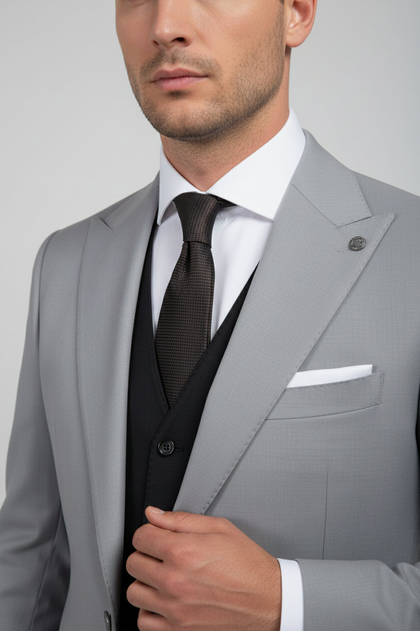 Man in light grey double-breasted suit with tailored fit and black vest.
