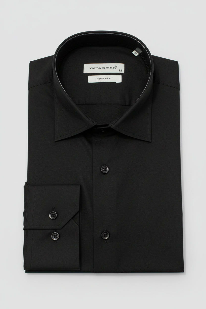 Black regular fit dress shirt with classic collar and button details.