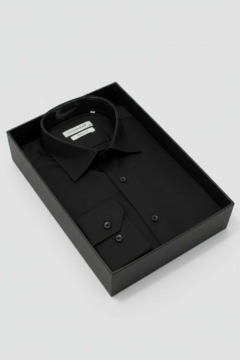 Black regular fit dress shirt with classic collar, neatly packaged in box.
