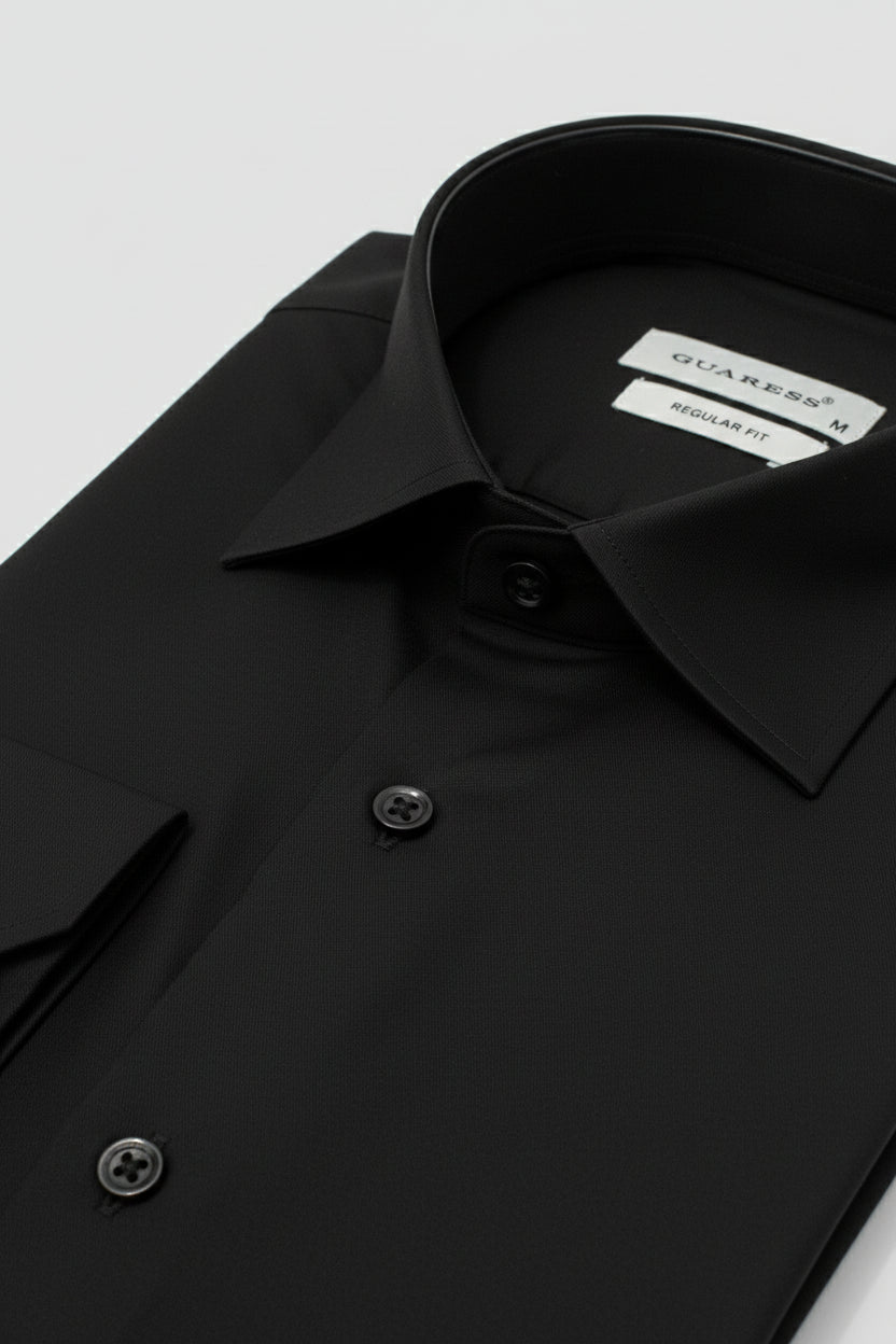 Black regular fit dress shirt with classic collar and button details.