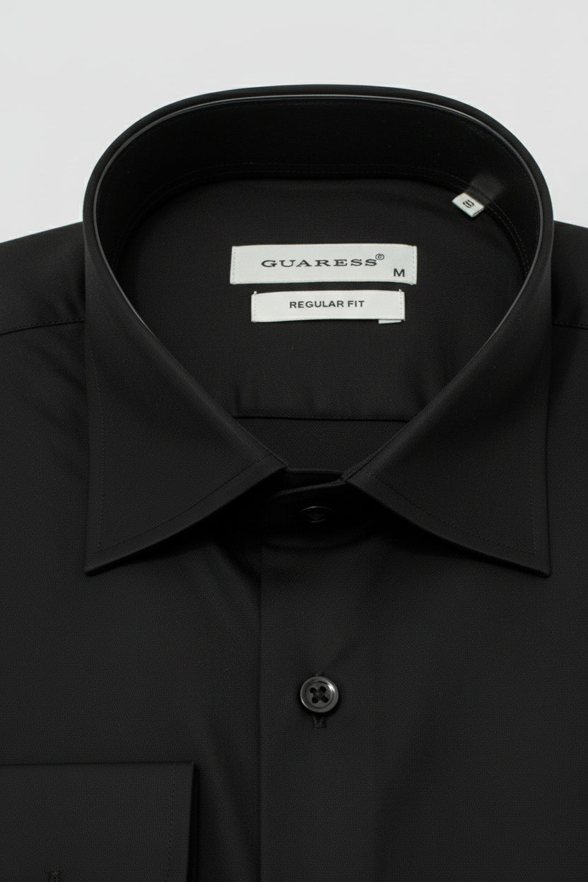 Black regular fit dress shirt with classic collar and button details.