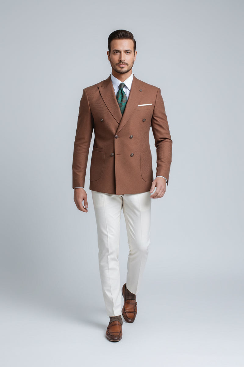 Brown Double-Breasted Suit with White Trousers