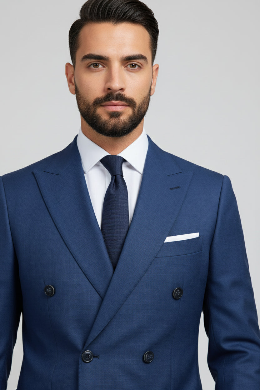 Man wearing navy double-breasted suit with unique detailing and tailored fit.