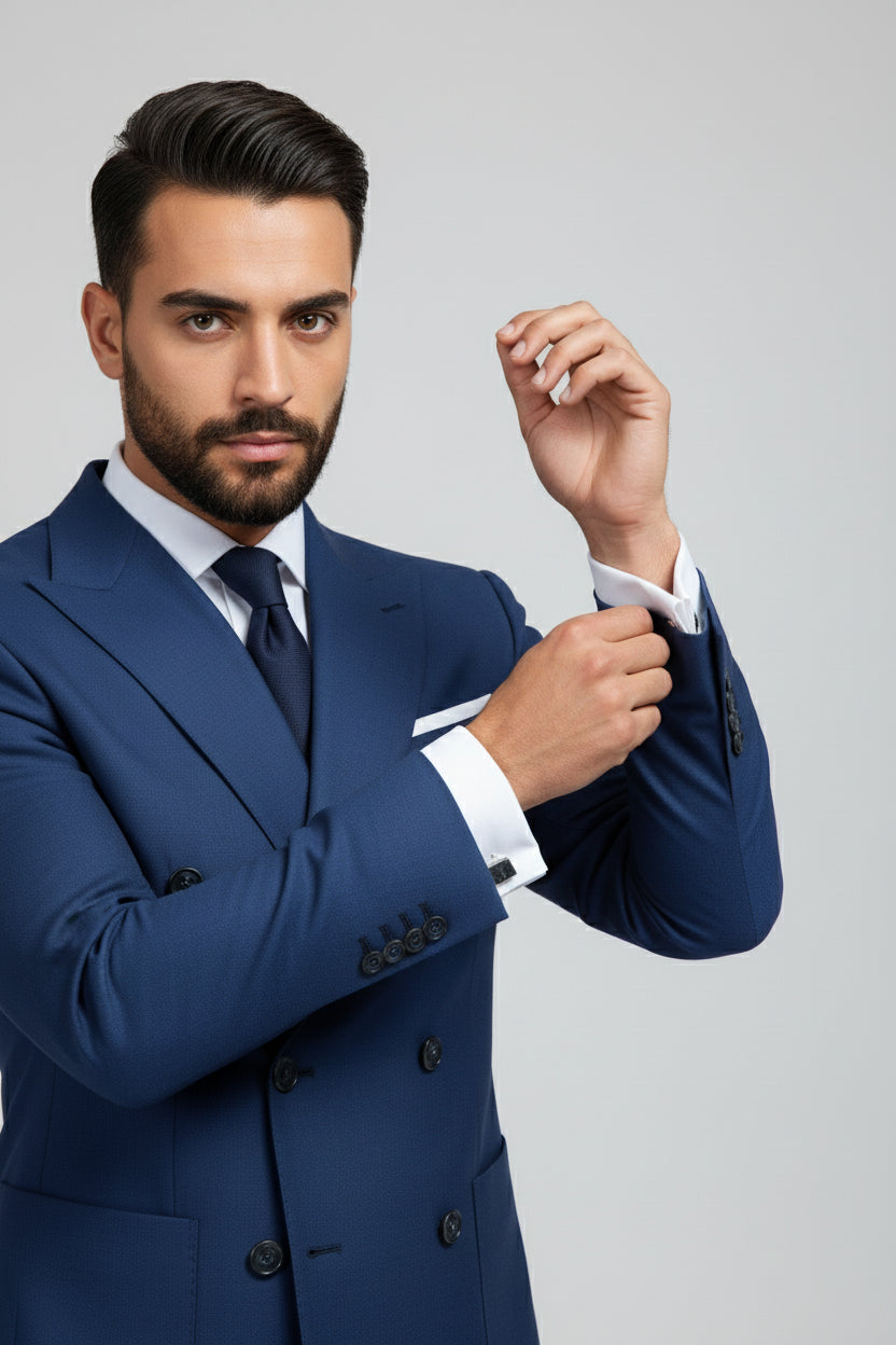 Man adjusting cuffs of navy double-breasted suit with unique detailing and tailored fit.