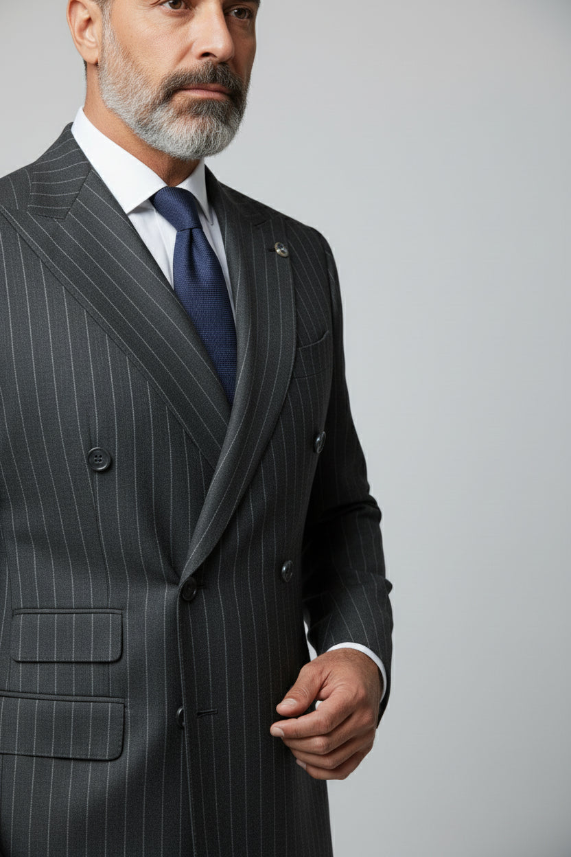 Man wearing green pinstripe double-breasted suit with tailored fit and matching tie.