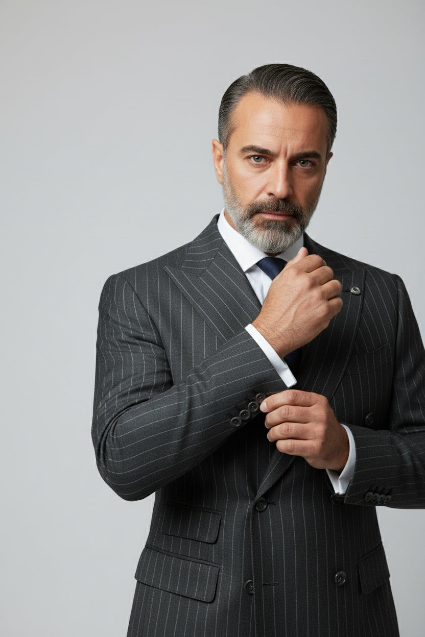 Man adjusting cuff of green pinstripe double-breasted suit for formal event.