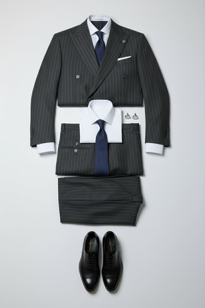 Green pinstripe double-breasted suit with tailored fit, paired with navy tie and shirt.