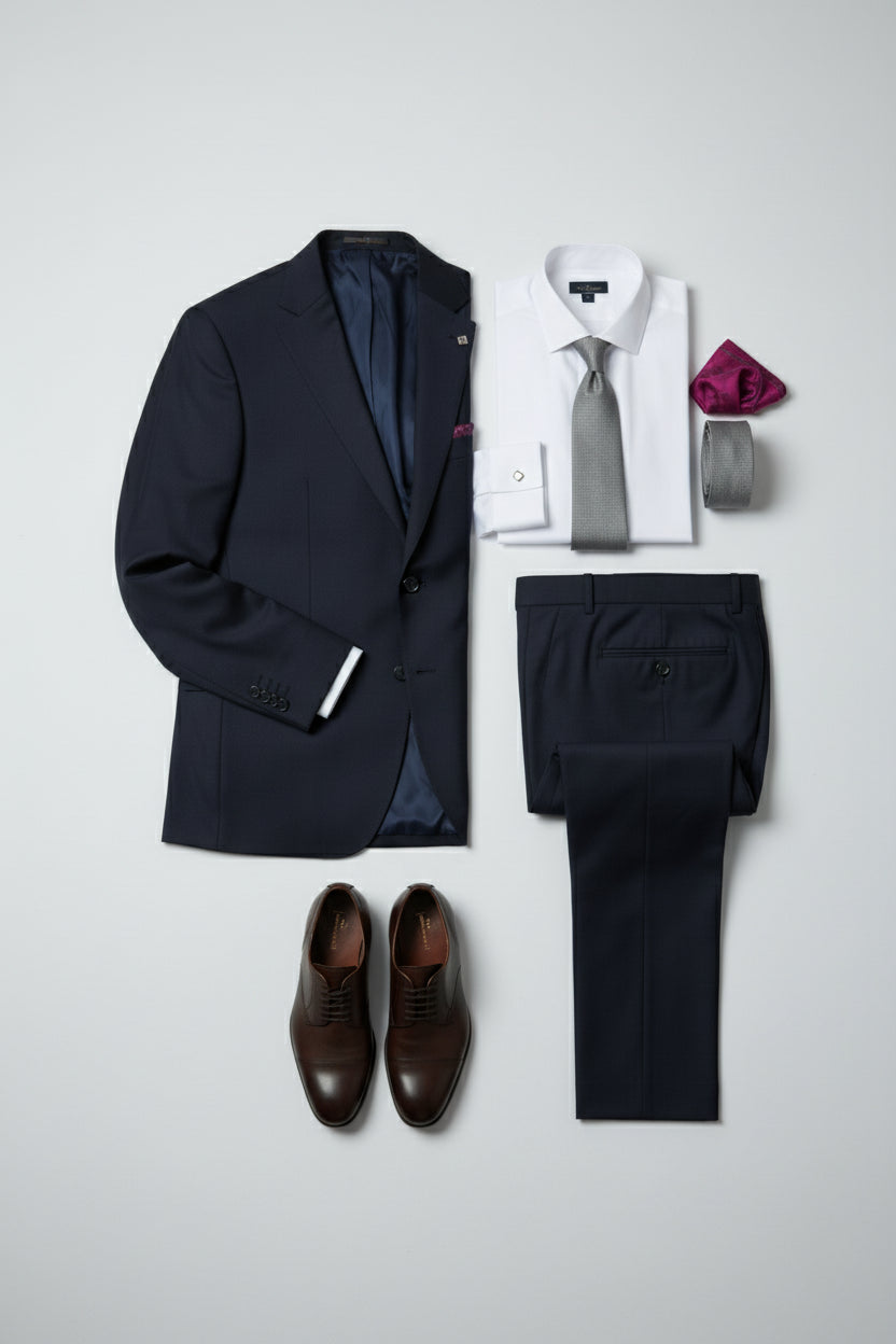 Navy slim fit suit with paisley lining, paired with a white dress shirt and accessories.