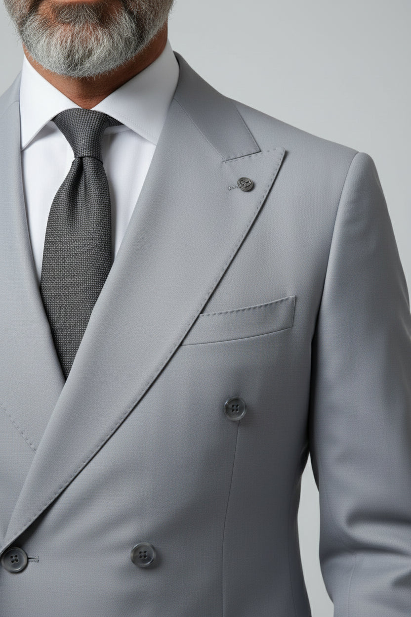 Light grey double-breasted suit jacket with peak lapels and tailored fit.