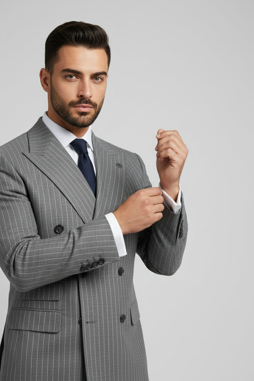 Man adjusting cuff of gray pinstripe double-breasted suit, perfect for formal occasions.