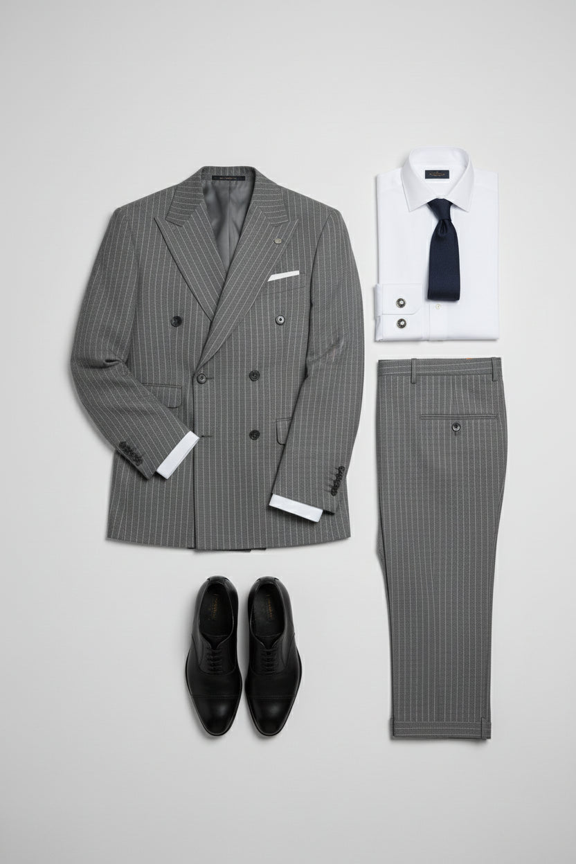 Gray pinstripe double-breasted suit with tailored jacket, matching trousers, and dress shirt.