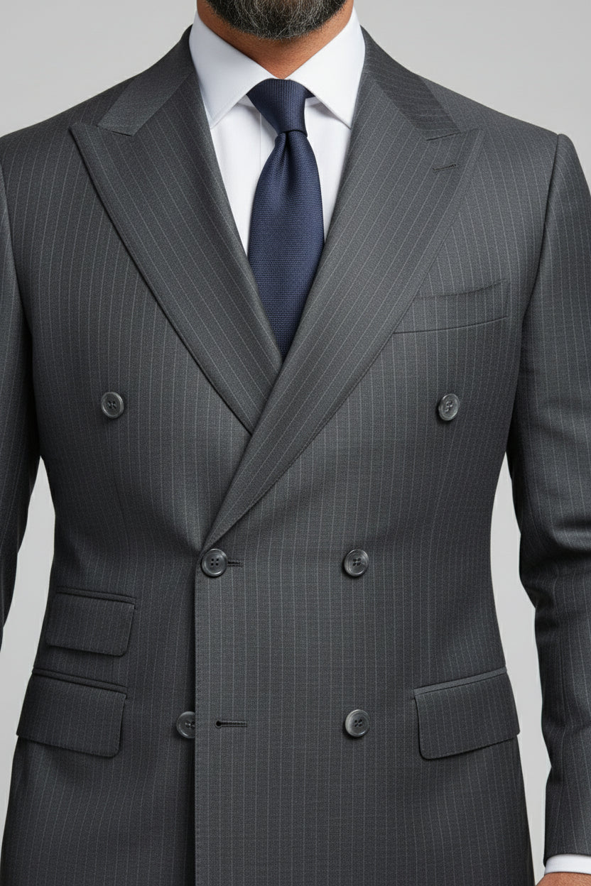 Man wearing charcoal pinstripe double-breasted suit with tailored fit and navy tie.