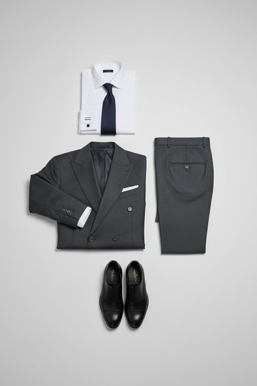 Charcoal pinstripe double-breasted suit with tailored fit, white shirt, and black shoes