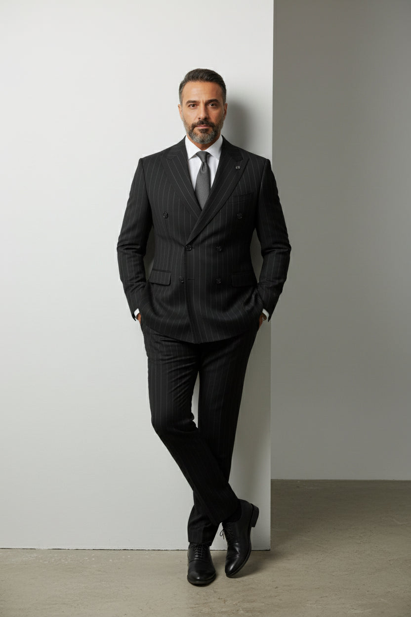 Man wearing black pinstripe double-breasted suit with tailored fit and elegant design.