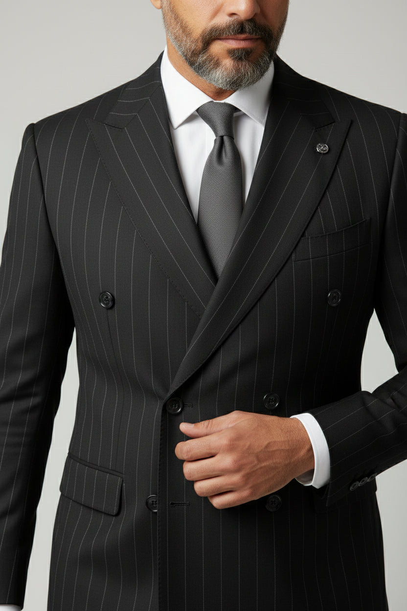 Man wearing black pinstripe double-breasted suit with tailored fit and elegant details.
