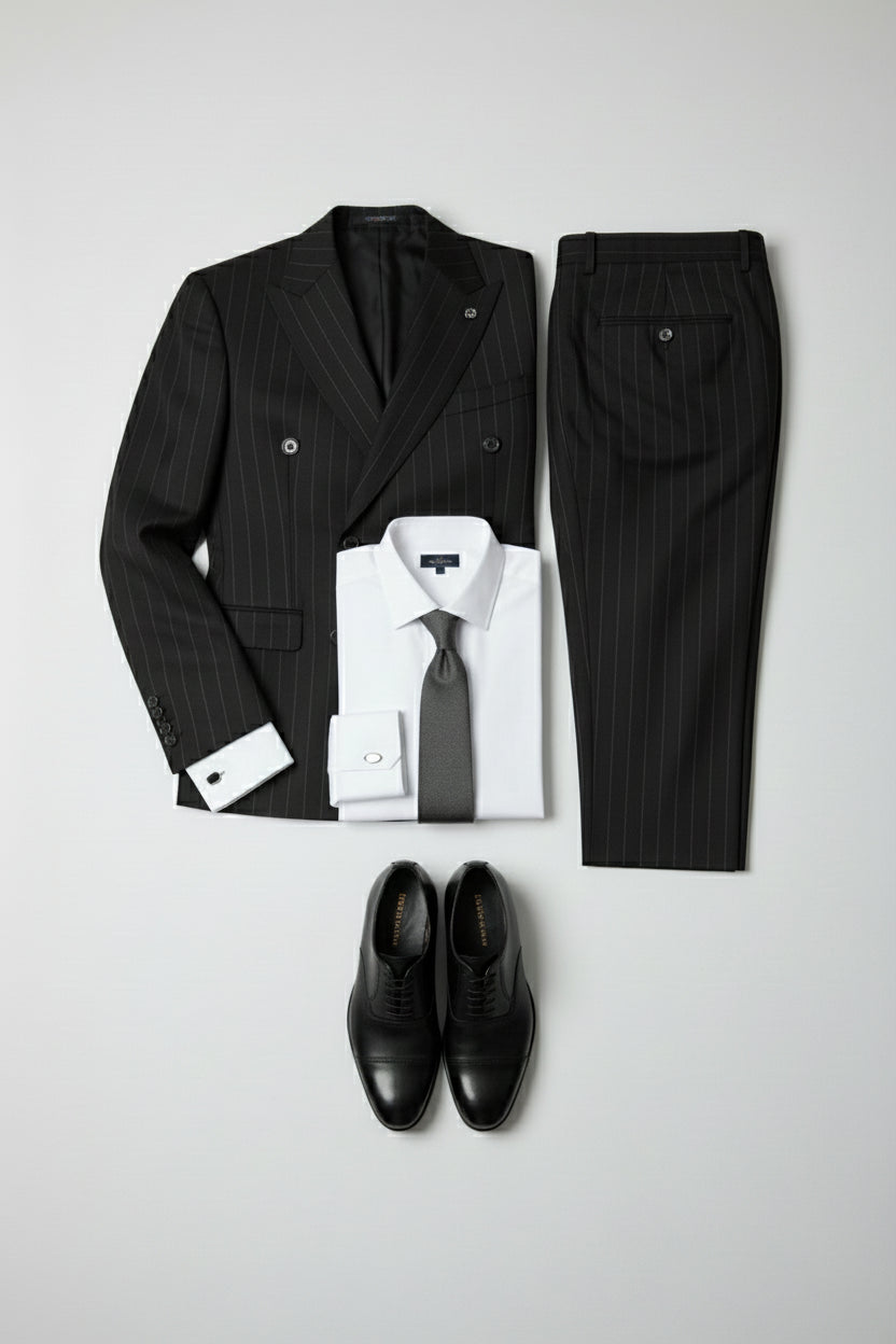 Black pinstripe double-breasted suit with tailored jacket, white shirt, and grey tie.