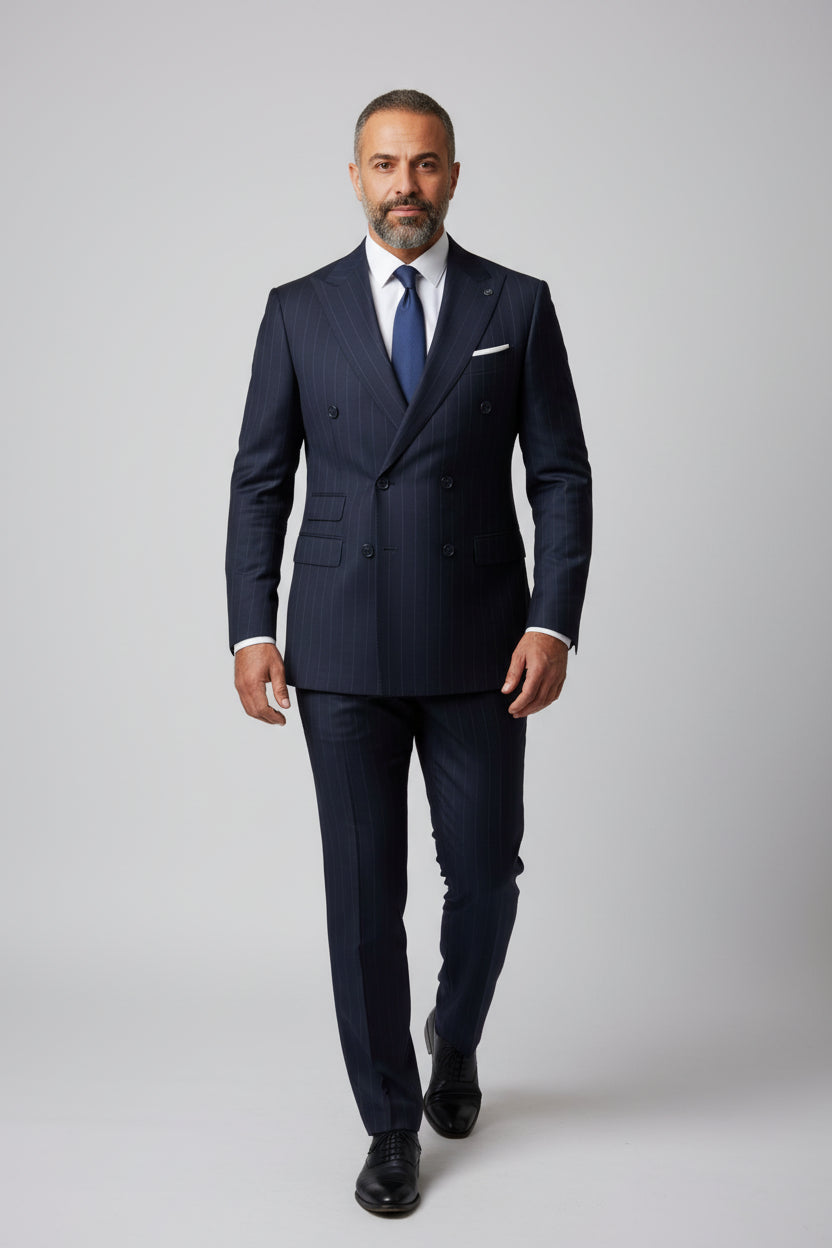 Man wearing navy pinstripe double-breasted suit with tailored fit and white shirt.
