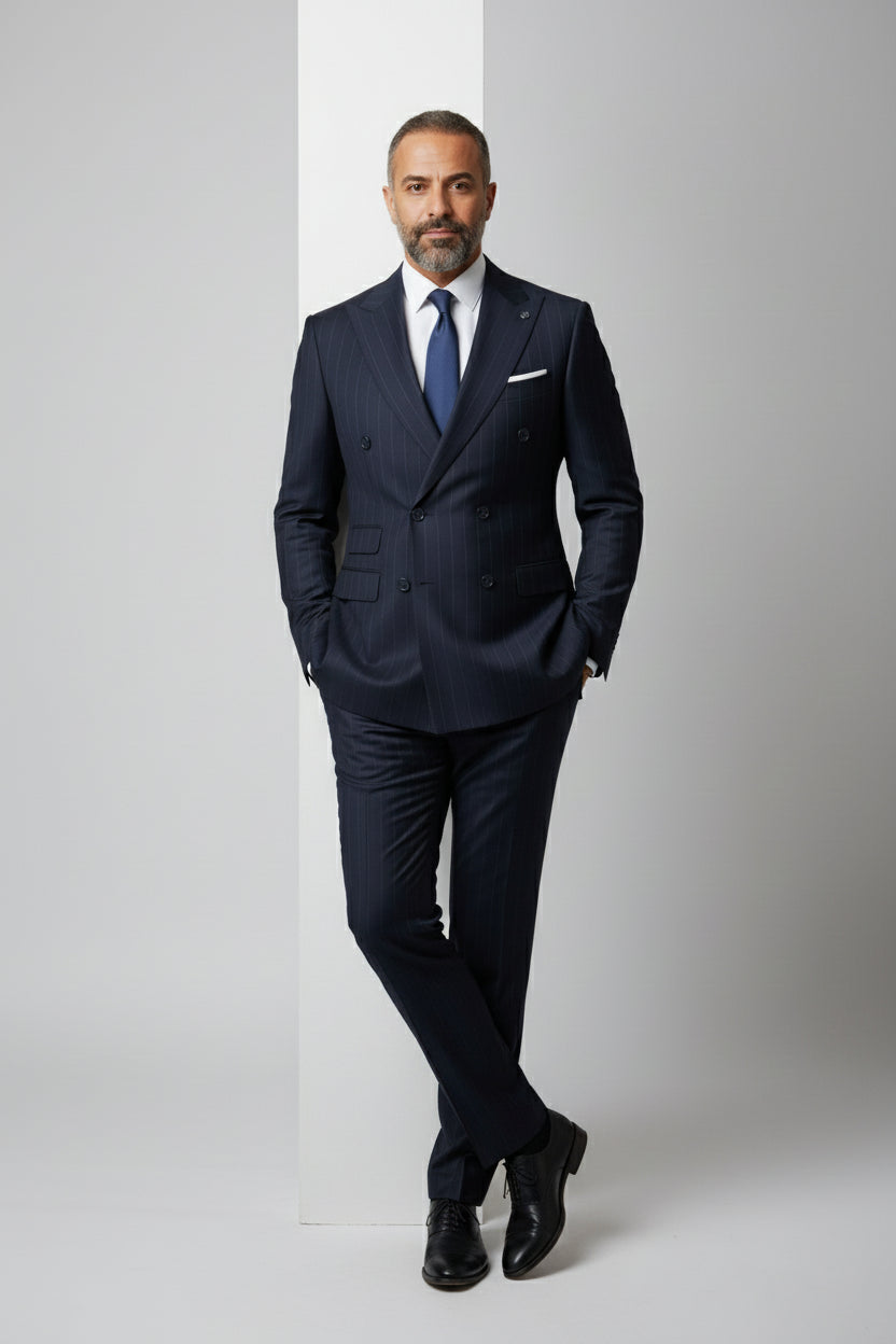 Man wearing navy pinstripe double-breasted suit with tailored fit and matching tie.