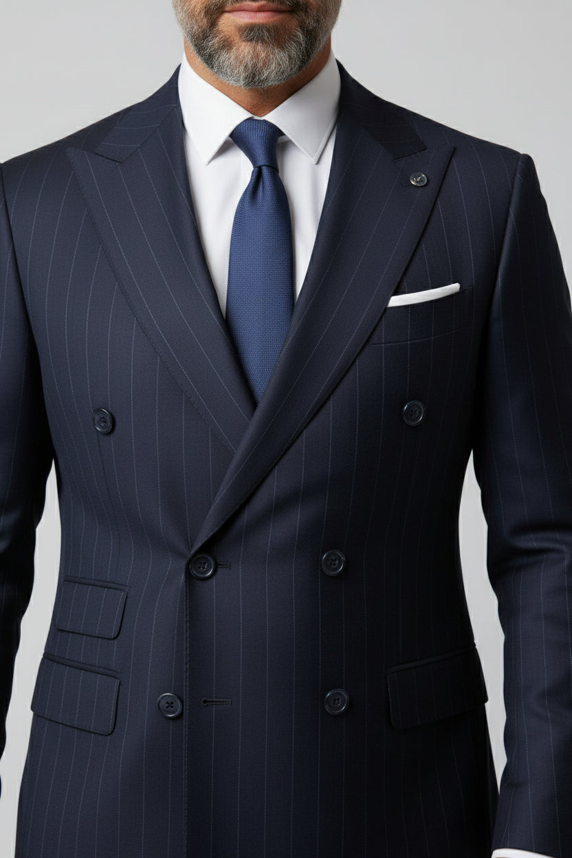 Man wearing navy pinstripe double-breasted suit with tailored fit and white pocket square.