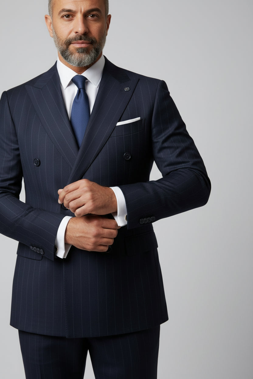 Man in navy pinstripe double-breasted suit adjusting jacket for formal event.