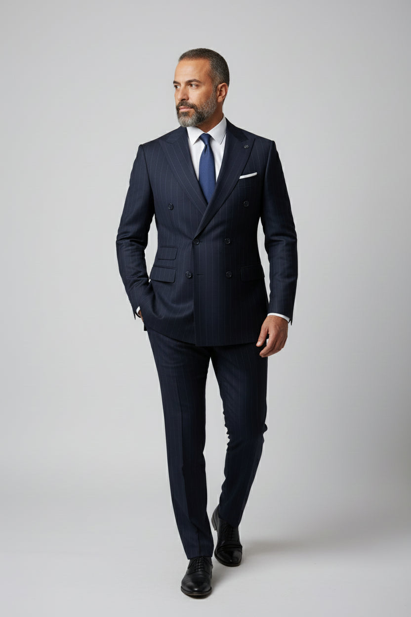 Man in navy pinstripe double-breasted suit with tailored fit and formal shoes.