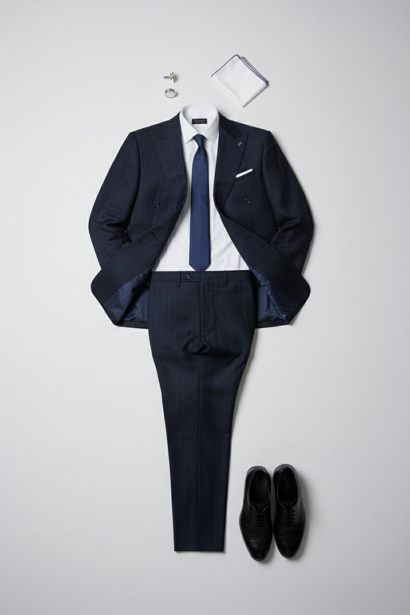Navy pinstripe double-breasted suit with tailored fit, complete with tie and accessories.