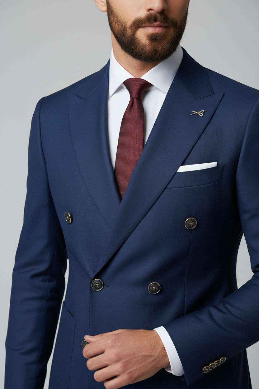 Man wearing navy double-breasted suit with peak lapels and burgundy tie.