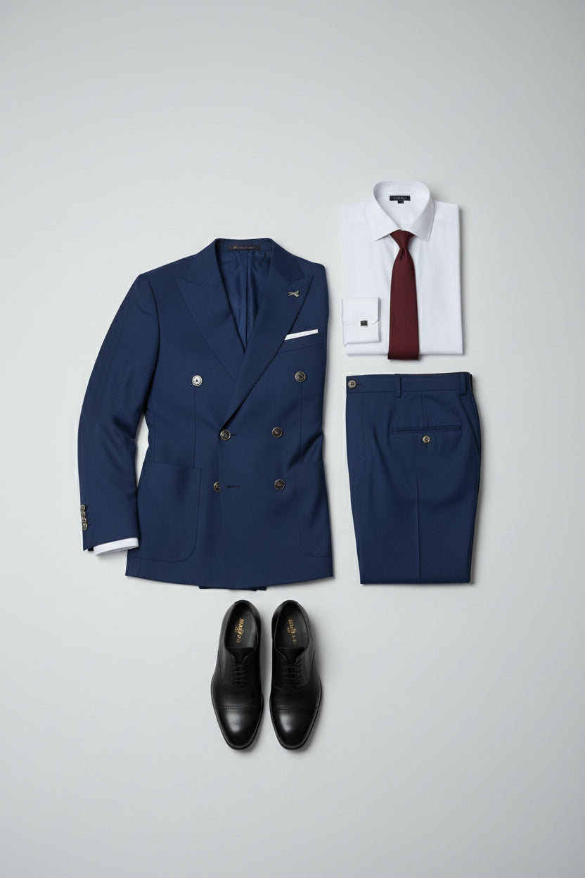 Navy double-breasted suit with peak lapels, paired with white shirt and burgundy tie.