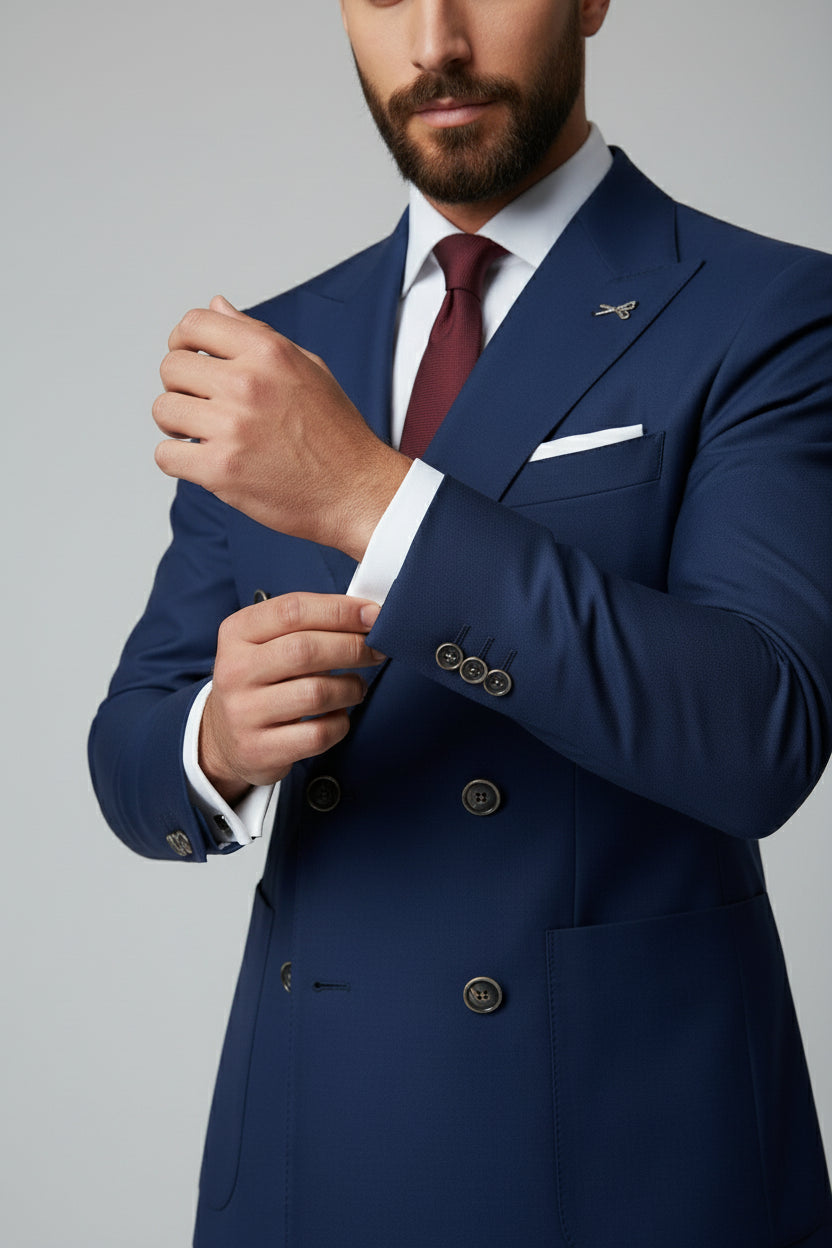 Man adjusting cuff of navy double-breasted suit with peak lapels and tailored fit.