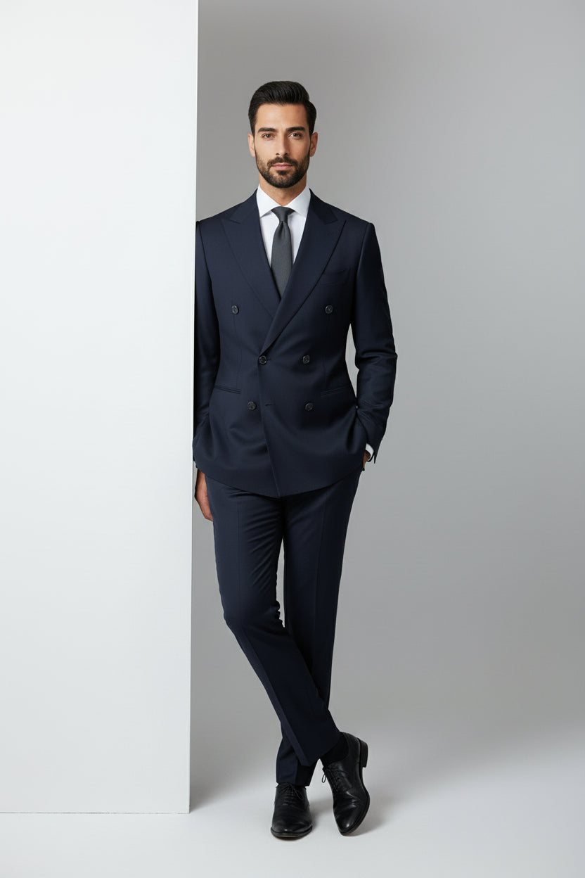 Man in navy double-breasted suit with slim fit, ideal for formal events.