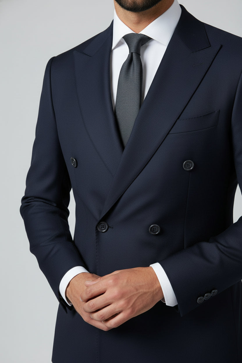 Navy double-breasted slim-fit suit with tailored design and elegant details.