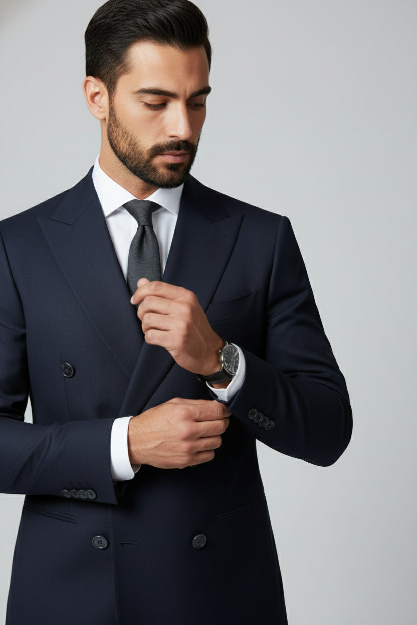 Man adjusting navy double-breasted suit jacket with slim fit and tailored design.
