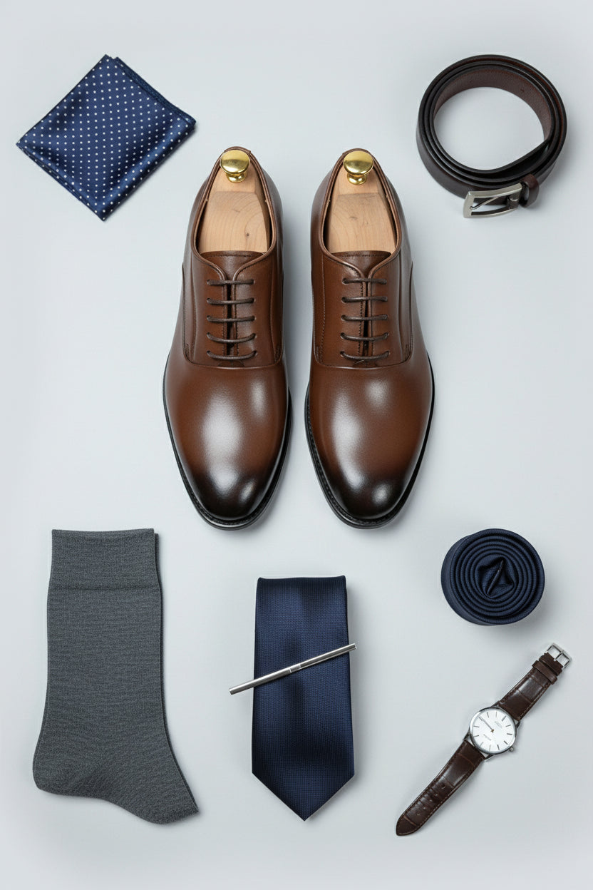 Brown leather classic derby shoes with lace-up design for formal wear.