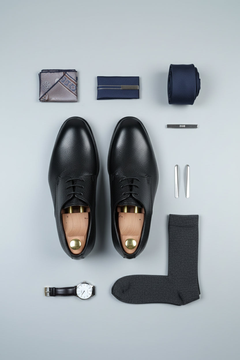 Black leather lace-up dress shoes with wooden shoe trees and formal accessories.