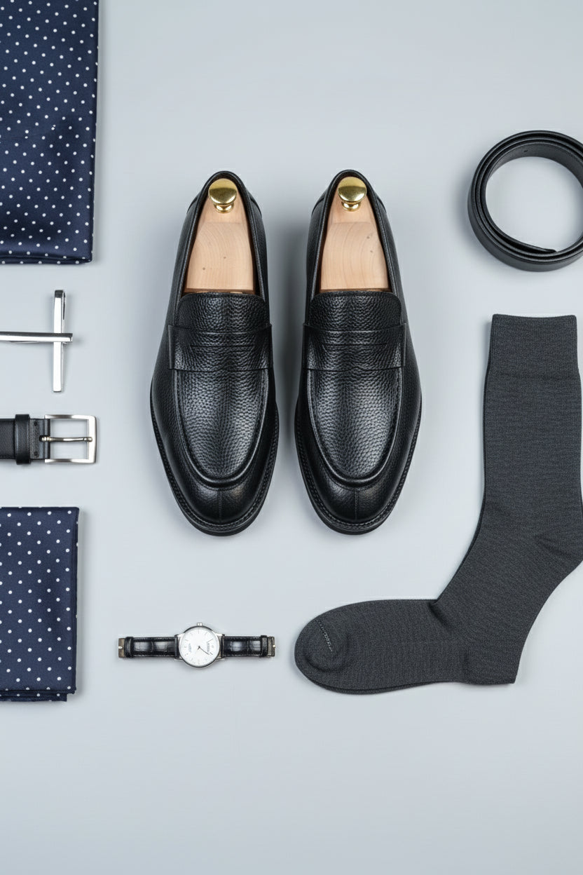 Black Leather Loafer with Textured Finish