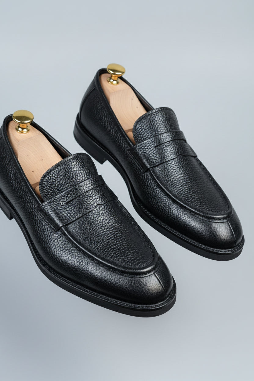 Black Leather Loafer with Textured Finish