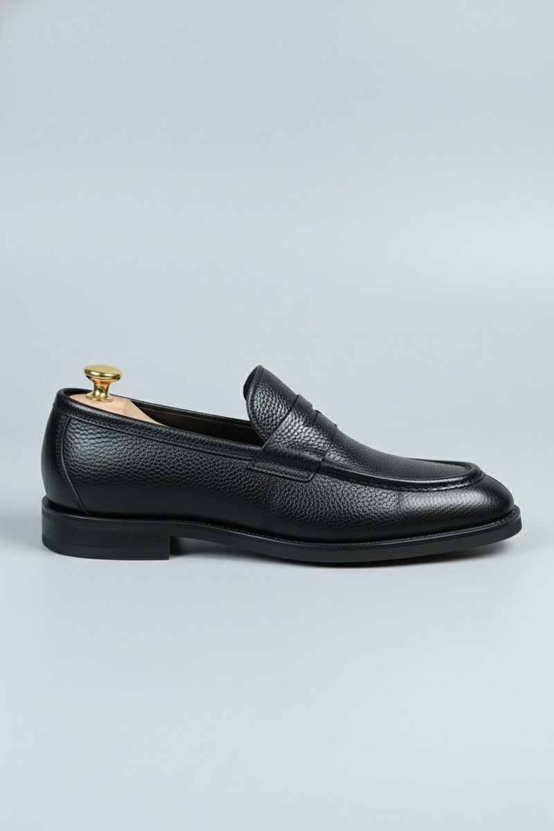 Black Leather Loafer with Textured Finish